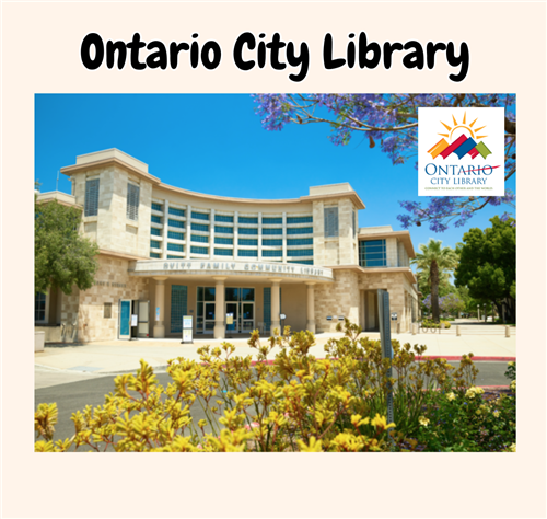 Image showing the Ontario City Library front entrance and flowers/plants in the foreground